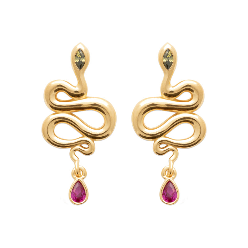 Позлатени обеци змия с червен камък