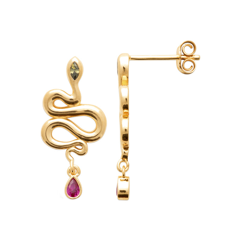 Позлатени обеци змия с червен камък