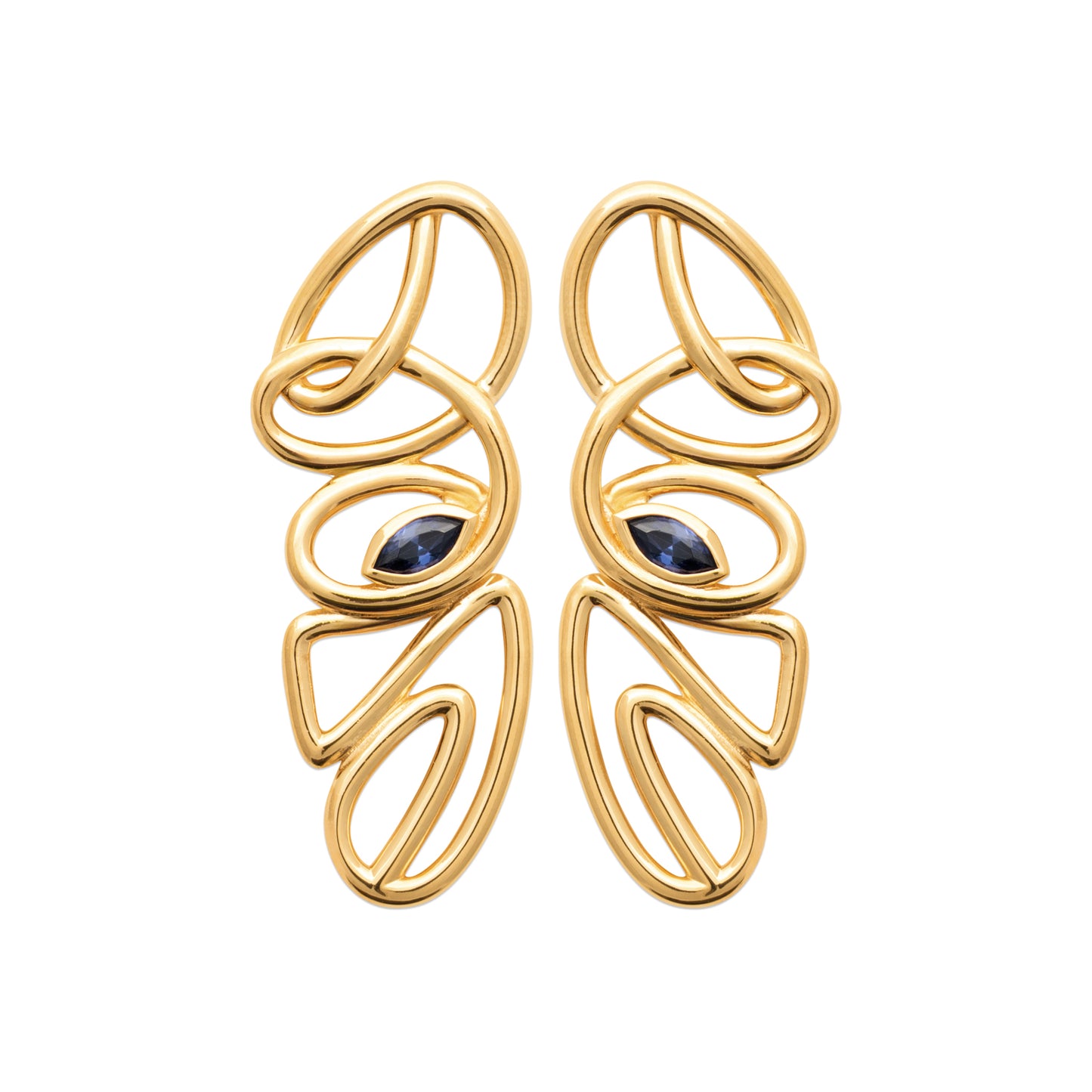 Позлатени обеци с артистичен дизайн и тъмен камък