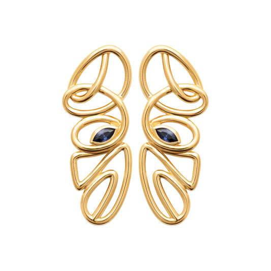 Позлатени обеци с артистичен дизайн и тъмен камък