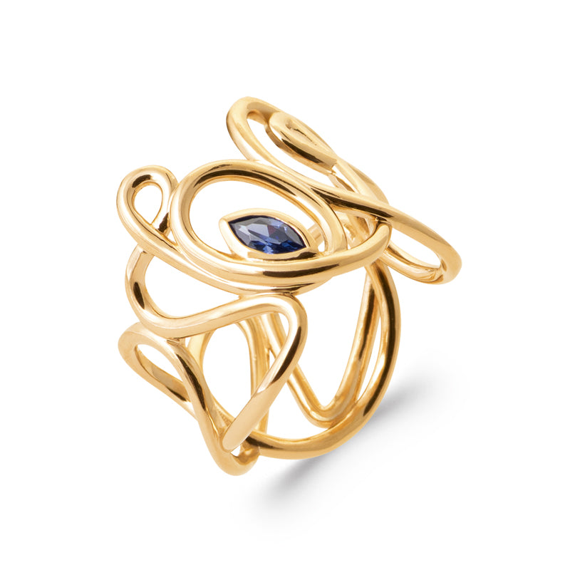 Позлатен пръстен с артистичен дизайн и син камък