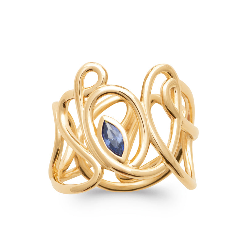 Позлатен пръстен с артистичен дизайн и син камък