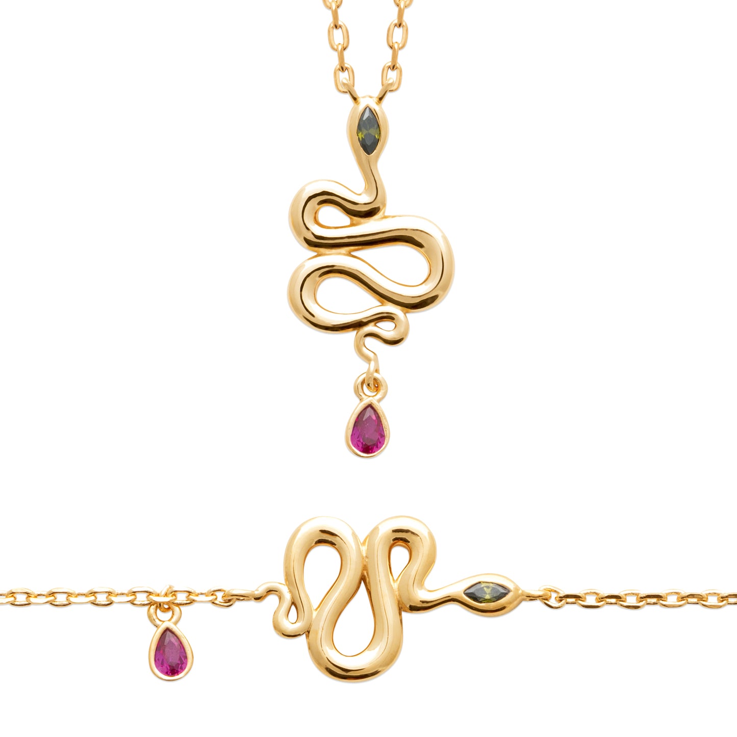 Позлатено колие с форма на змия и червен камък